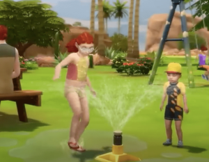Les personnages des SIMS 5 dans un jardin