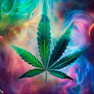 Une feuille de cannabis avec une fumée multicolore contenant du HHC soufflé par un consommateur de CBD