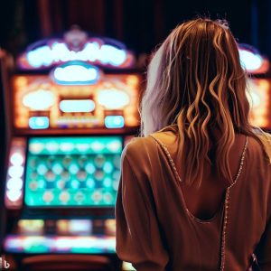 une femme devant une machine a sous qui profite des avantages d'un programme de fidélité