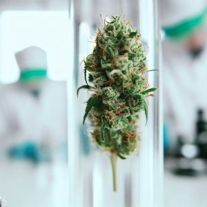 une tête de cannabis, en laboratoire contenu la nouvelle substance HHC