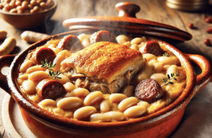 Un véritable plat de cassoulet de Castelnaudary fumant et délicieux