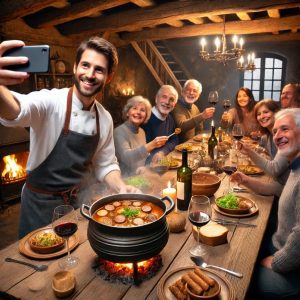 un photo d'un groupe d'amis attablé autour d'un cassoulet de castelnaudary typique dans une auberge de la route du cassoulet