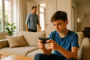 un enfant dans un fauteuil entrain de jouer sur son mobile avec son père qui le surveille
